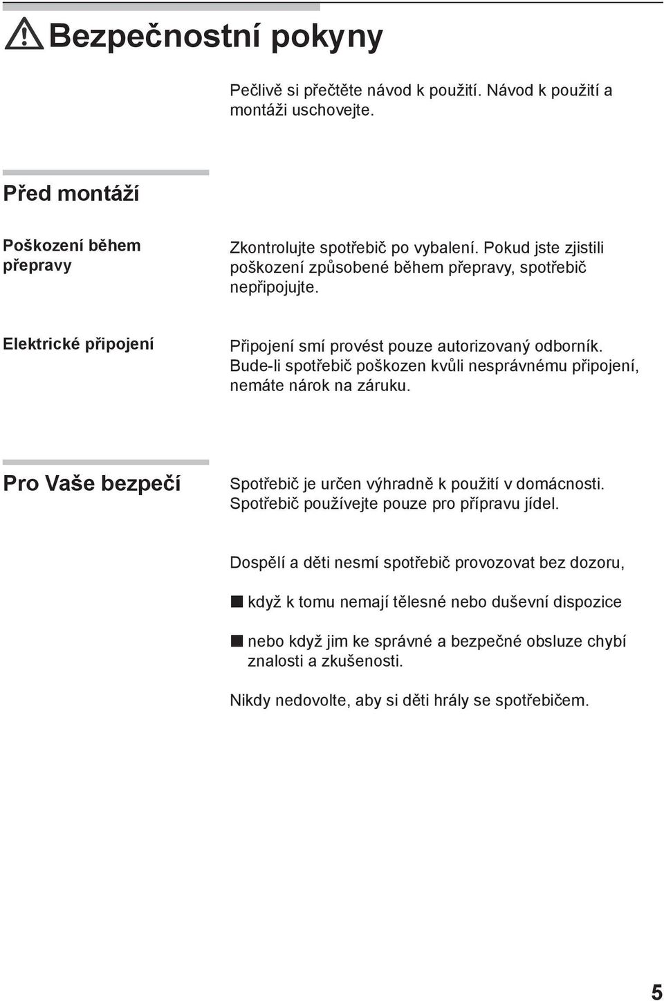 Bude-li spotřebič poškozen kvůli nesprávnému připojení, nemáte nárok na záruku. Pro Vaše bezpečí Spotřebič je určen výhradně k použití v domácnosti.