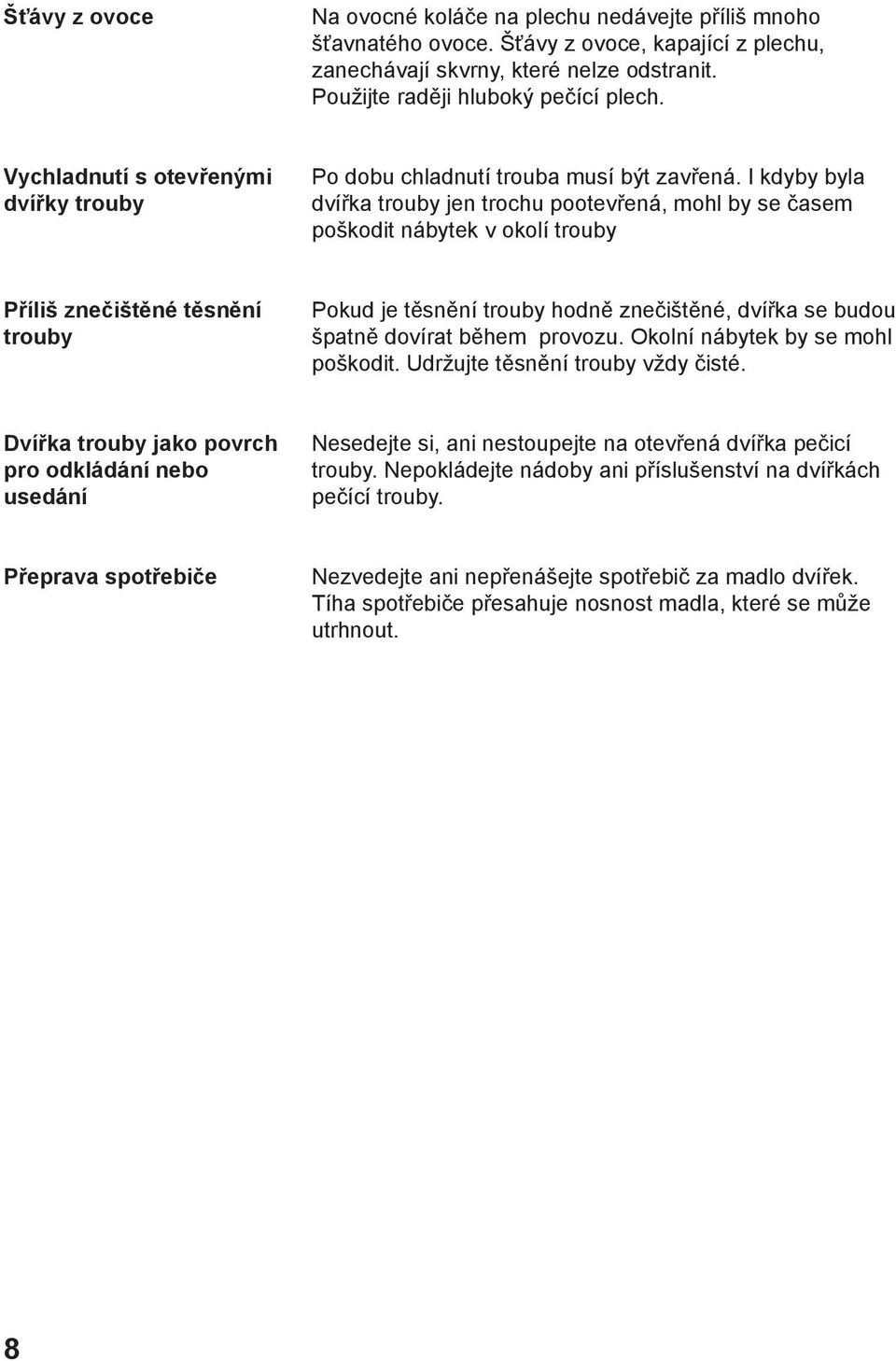 I kdyby byla dvířka trouby jen trochu pootevřená, mohl by se časem poškodit nábytek v okolí trouby Příliš znečištěné těsnění trouby Pokud je těsnění trouby hodně znečištěné, dvířka se budou špatně