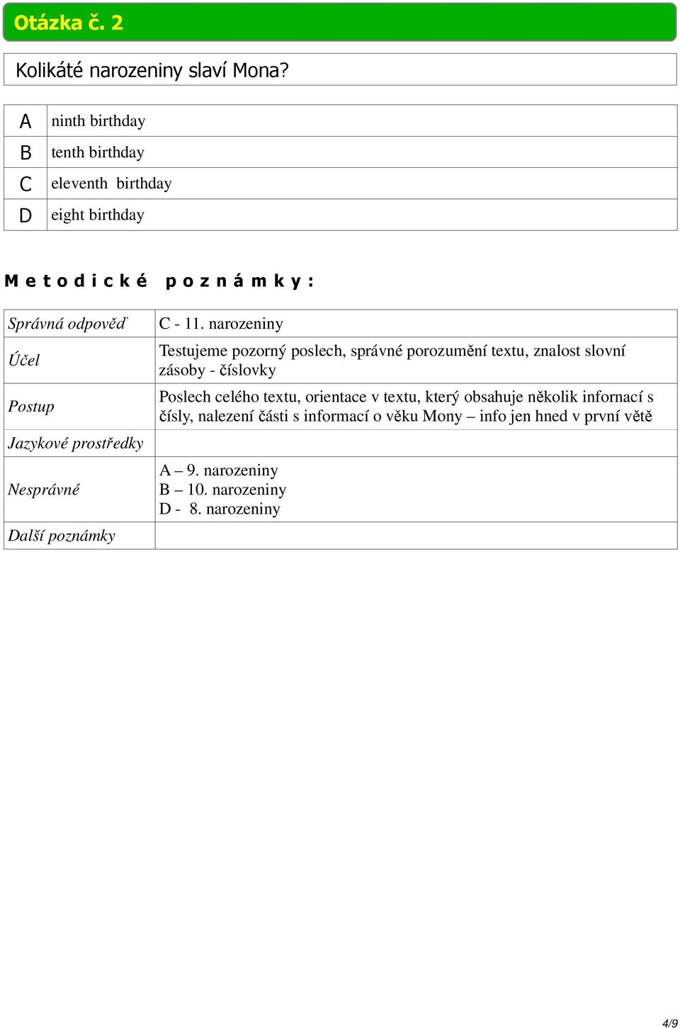 narozeniny Testujeme pozorný poslech, správné porozumění textu, znalost slovní zásoby - číslovky Poslech