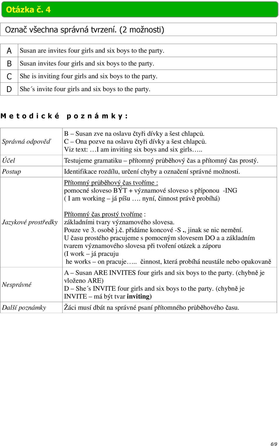 C Ona pozve na oslavu čtyři dívky a šest chlapců. Viz text: I am inviting six boys and six girls.. Testujeme gramatiku přítomný průběhový čas a přítomný čas prostý.