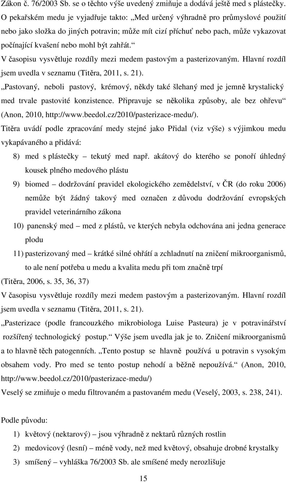 zahřát. V časopisu vysvětluje rozdíly mezi medem pastovým a pasterizovaným. Hlavní rozdíl jsem uvedla v seznamu (Titěra, 2011, s. 21).