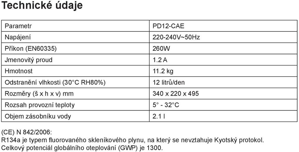 2 kg 12 litrů/den Rozměry (š x h x v) mm 340 x 220 x 495 Rozsah provozní teploty 5-32 C Objem zásobníku