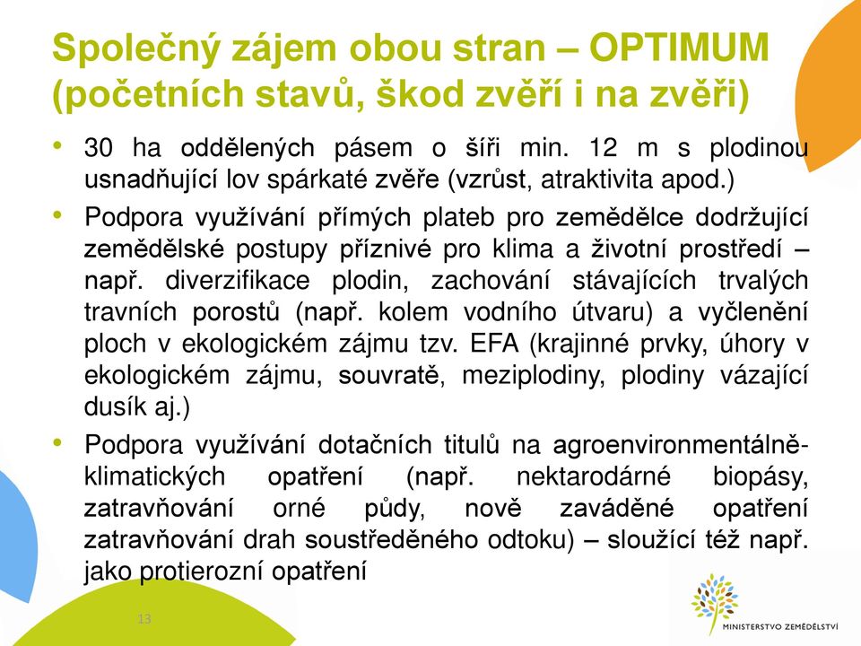 diverzifikace plodin, zachování stávajících trvalých travních porostů (nap. kolem vodního útvaru) a vyčlenění ploch v ekologickém zájmu tzv.