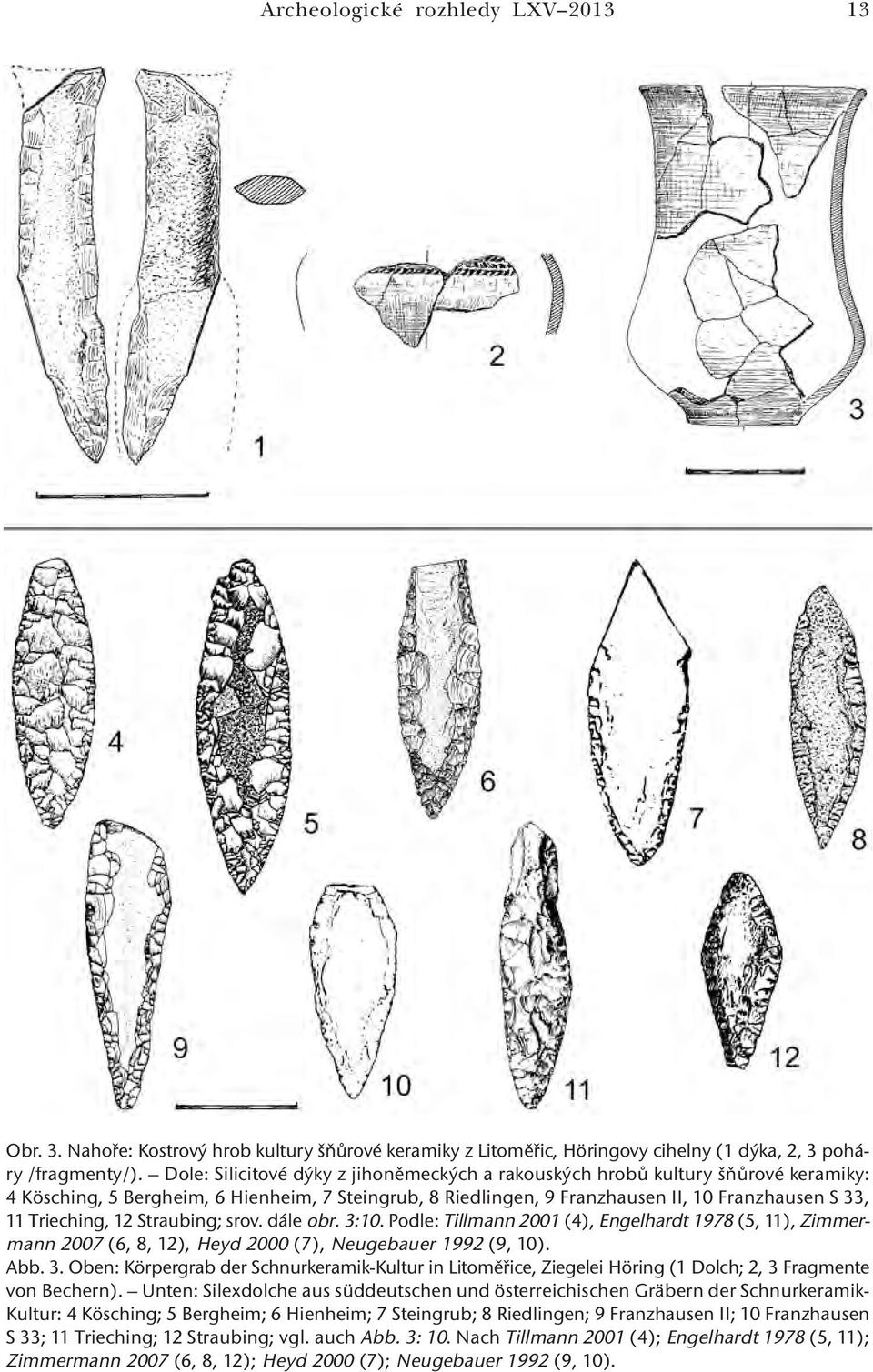 12 Straubing; srov. dále obr. 3:10. Podle: Tillmann 2001 (4), Engelhardt 1978 (5, 11), Zimmermann 2007 (6, 8, 12), Heyd 2000 (7), Neugebauer 1992 (9, 10). Abb. 3. Oben: Körpergrab der Schnurkeramik-Kultur in Litoměřice, Ziegelei Höring (1 Dolch; 2, 3 Fragmente von Bechern).