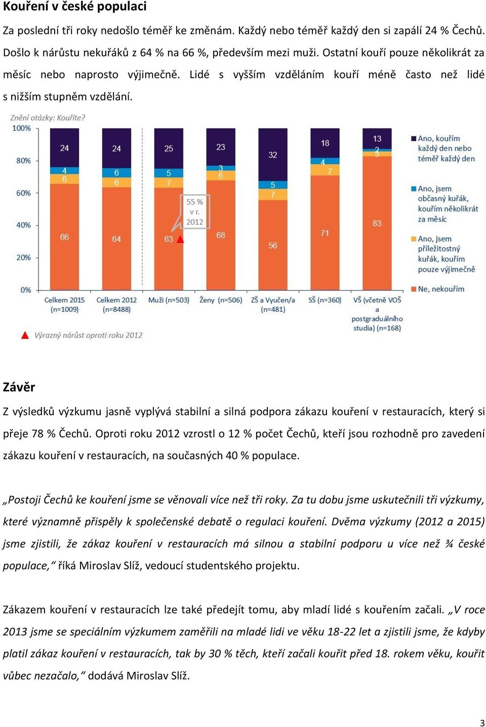 Závěr Z výsledků výzkumu jasně vyplývá stabilní a silná podpora zákazu kouření v restauracích, který si přeje 78 % Čechů.