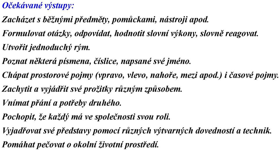 Poznat některá písmena, číslice, napsané své jméno. Chápat prostorové pojmy (vpravo, vlevo, nahoře, mezi apod.) i časové pojmy.