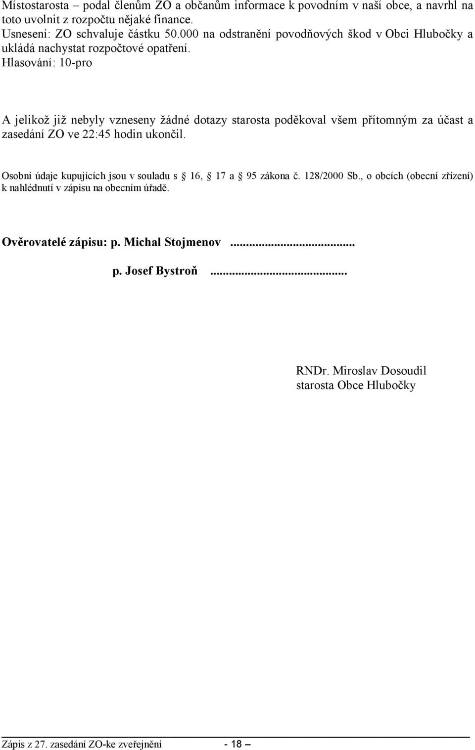 Hlasování: 10-pro A jelikož již nebyly vzneseny žádné dotazy starosta poděkoval všem přítomným za účast a zasedání ZO ve 22:45 hodin ukončil.