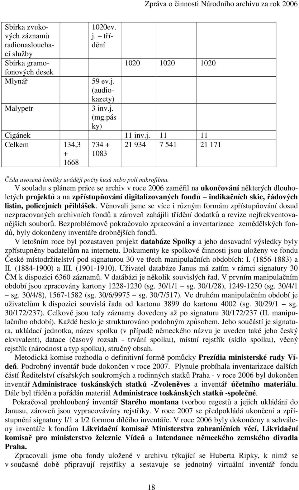 V souladu s plánem práce se archiv v roce 2006 zaměřil na ukončování některých dlouholetých projektů a na zpřístupňování digitalizovaných fondů indikačních skic, řádových listin, policejních