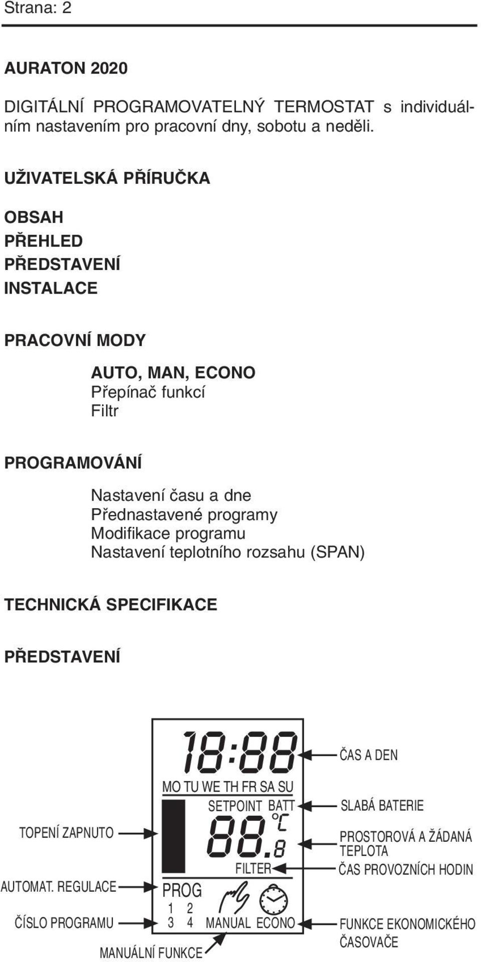 Pfiednastavené programy Modifikace programu Nastavení teplotního rozsahu (SPAN) TECHNICKÁ SPECIFIKACE P EDSTAVENÍ âas A DEN TOPENÍ ZAPNUTO AUTOMAT.