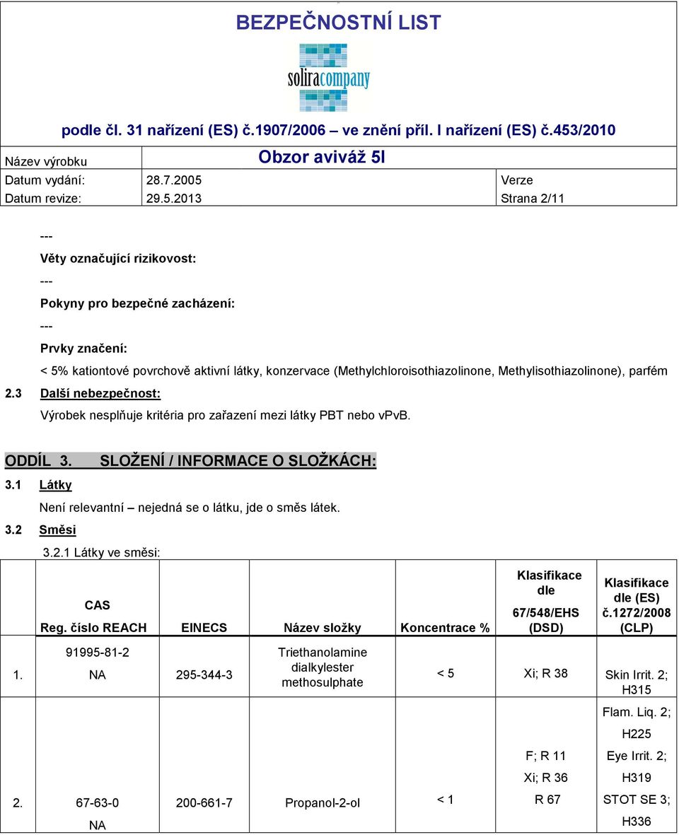 Methylisothiazolinone), parfém 2.3 Další nebezpečnost: Výrobek nesplňuje kritéria pro zařazení mezi látky PBT nebo vpvb. ODDÍL 3. SLOŽENÍ / INFORMACE O SLOŽKÁCH: 3.