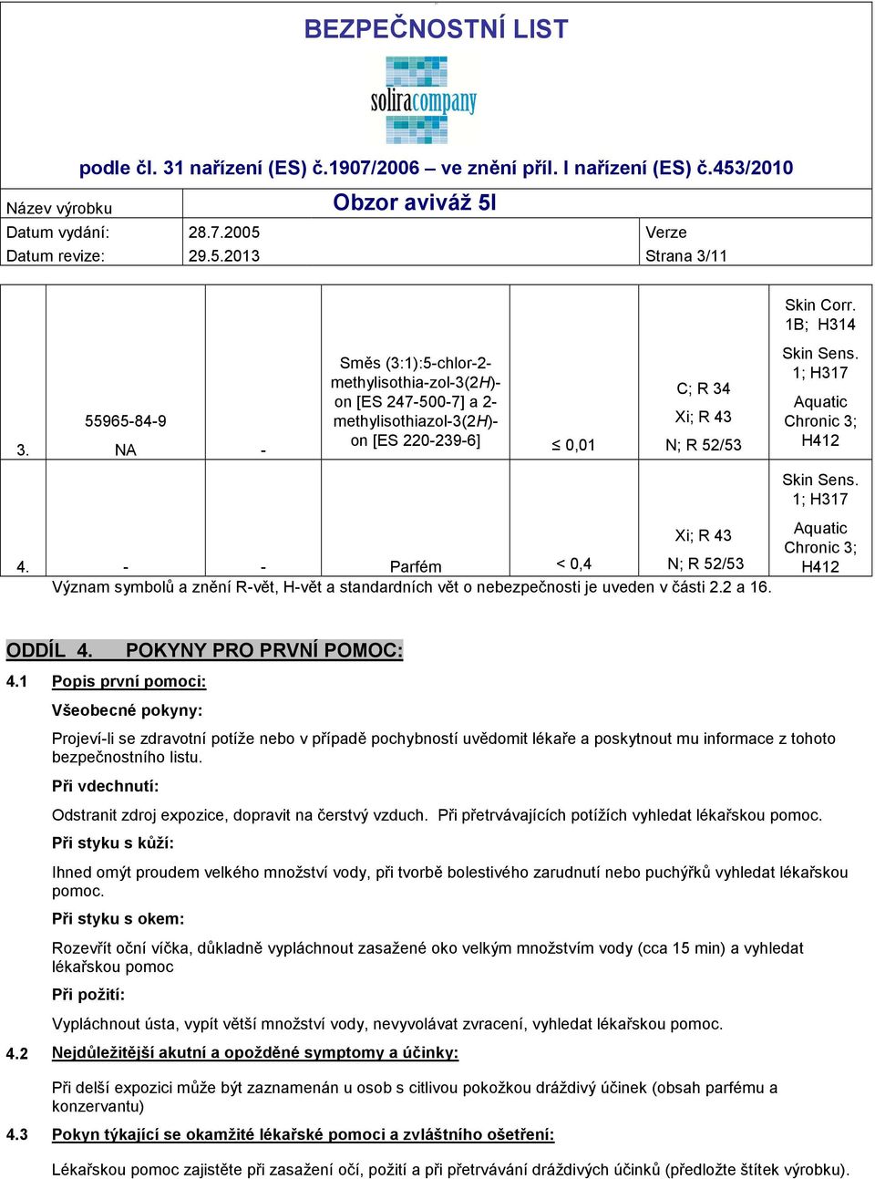 - - Parfém < 0,4 N; R 52/53 Význam symbolů a znění R-vět, H-vět a standardních vět o nebezpečnosti je uveden v části 2.2 a 16. Skin Corr. 1B; H314 Skin Sens. 1; H317 Aquatic Chronic 3; H412 Skin Sens.