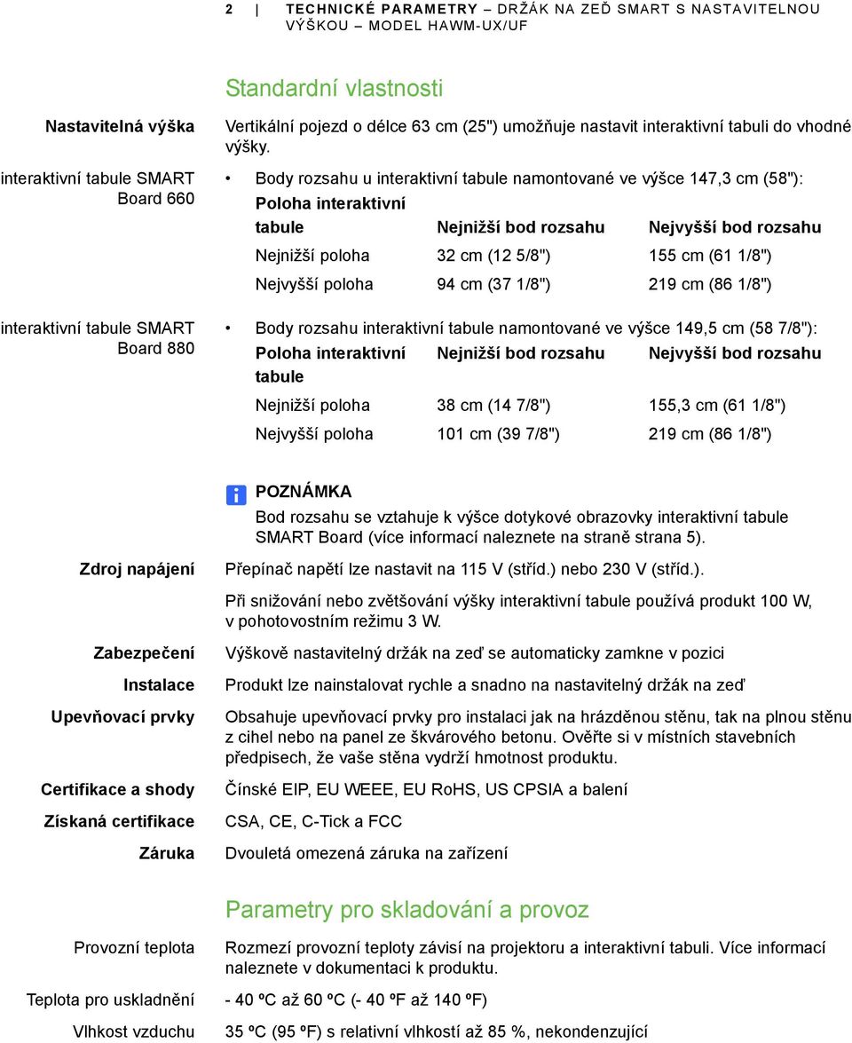 Body rozsahu u interaktivní tabule namontované ve výšce 147,3 cm (58"): Poloha interaktivní tabule Nejnižší bod rozsahu Nejvyšší bod rozsahu Nejnižší poloha 32 cm (12 5/8") 155 cm (61 1/8") Nejvyšší