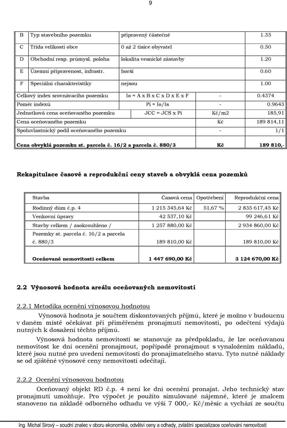 9643 Jednotková cena oceńovaného pozemku JCC = JCS x Pi Kč/m2 185,91 Cena oceňovaného pozemku Kč 189 814,11 Spoluvlastnický podíl oceňovaného pozemku - 1/1 Cena obvyklá pozemku st. parcela č.