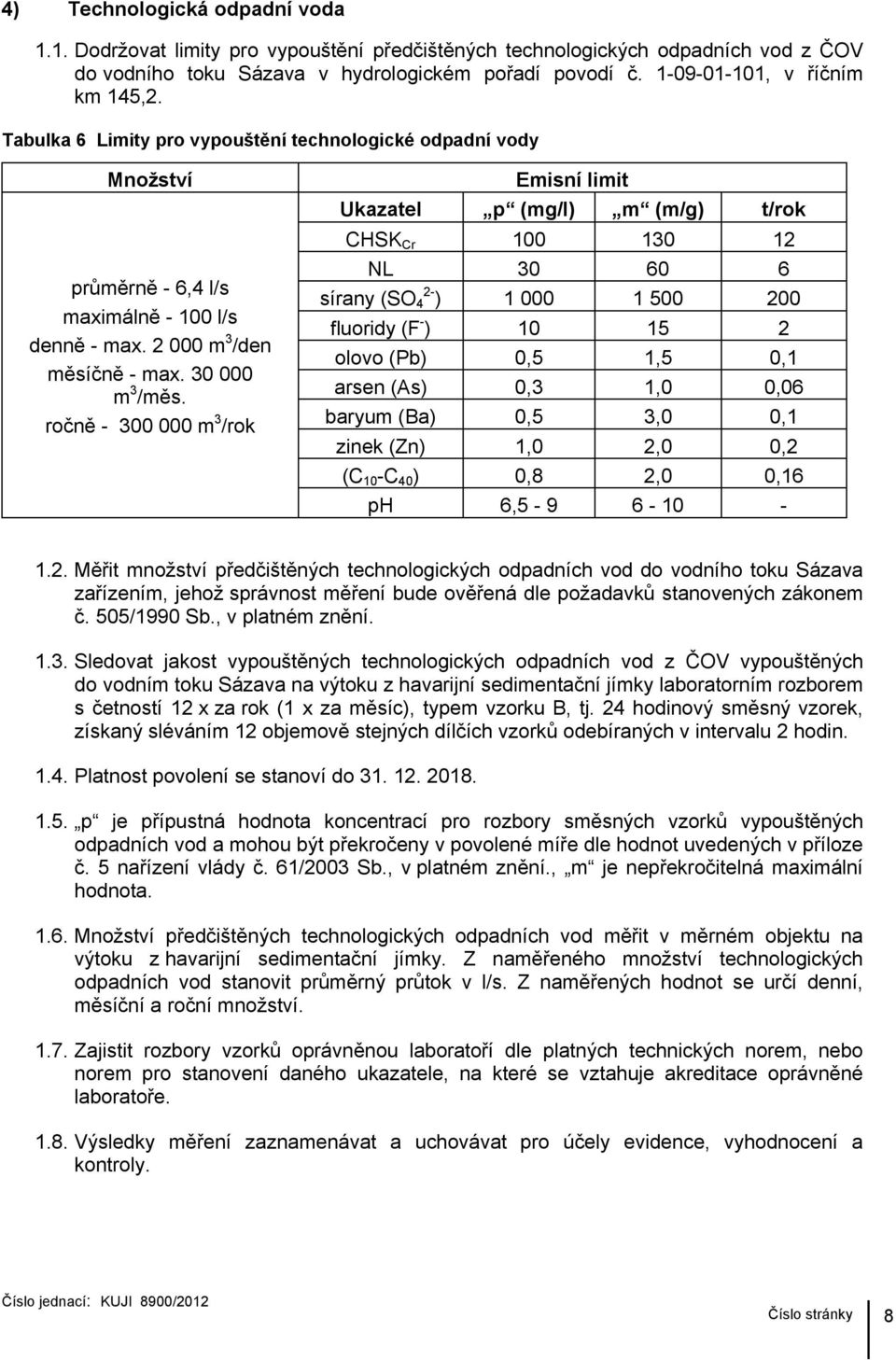 ročně - 300 000 m 3 /rok Emisní limit Ukazatel p (mg/l) m (m/g) t/rok CHSK Cr 100 130 12 NL 30 60 6 sírany (SO 2-4 ) 1 000 1 500 200 fluoridy (F - ) 10 15 2 olovo (Pb) 0,5 1,5 0,1 arsen (As) 0,3 1,0