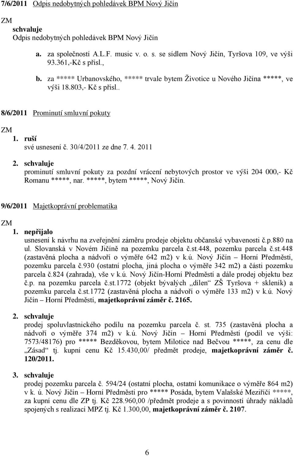 30/4/2011 ze dne 7. 4. 2011 2. schvaluje prominutí smluvní pokuty za pozdní vrácení nebytových prostor ve výši 204 000,- Kč Romanu *****, nar. *****, bytem *****, Nový Jičín.