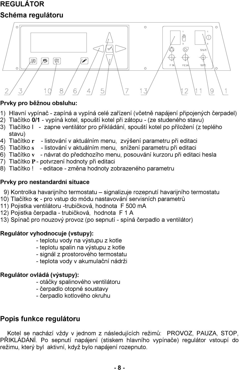 Tlačítko s - listování v aktuálním menu, snížení parametru při editaci 6) Tlačítko v - návrat do předchozího menu, posouvání kurzoru při editaci hesla 7) Tlačítko P- potvrzení hodnoty při editaci 8)