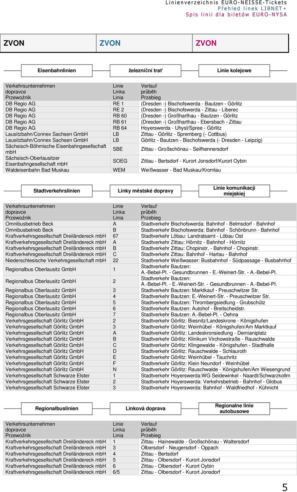 Uhyst/Spree - Görlitz Lausitzbahn/Connex Sachsen GmbH LB Zittau - Görlitz - Spremberg (- Cottbus) Lausitzbahn/Connex Sachsen GmbH LB Görlitz - Bautzen - Bischofswerda (- Dresden - Leipzig)
