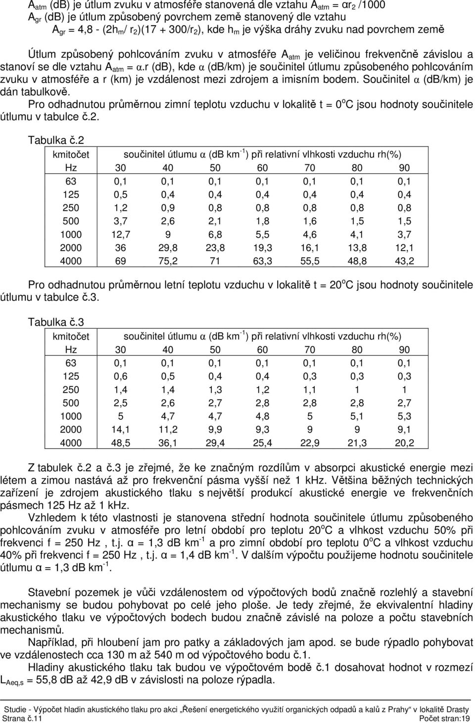 r (db), kde α (db/km) je součinitel útlumu způsobeného pohlcováním zvuku v atmosféře a r (km) je vzdálenost mezi zdrojem a imisním bodem. Součinitel α (db/km) je dán tabulkově.