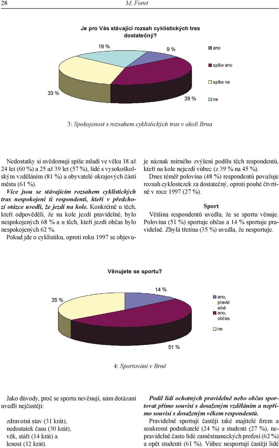 Konkrétně u těch, kteří odpověděli, že na kole jezdí pravidelně, bylo nespokojených 68 % a u těch, kteří jezdí občas bylo nespokojených 62 %.