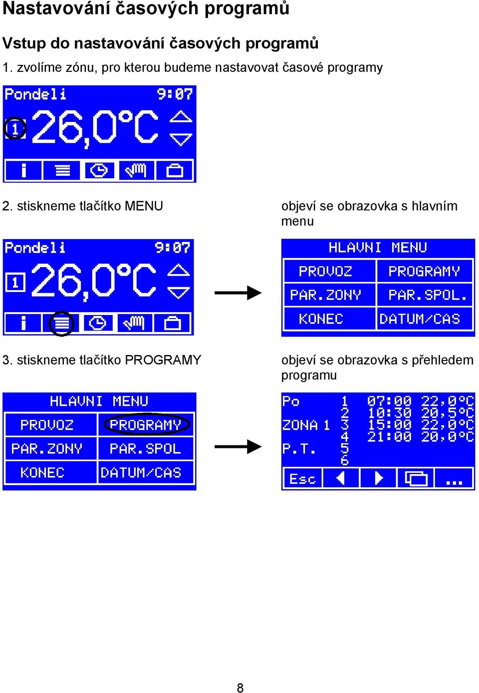 zvolíme zónu, pro kterou budeme nastavovat časové programy 2.