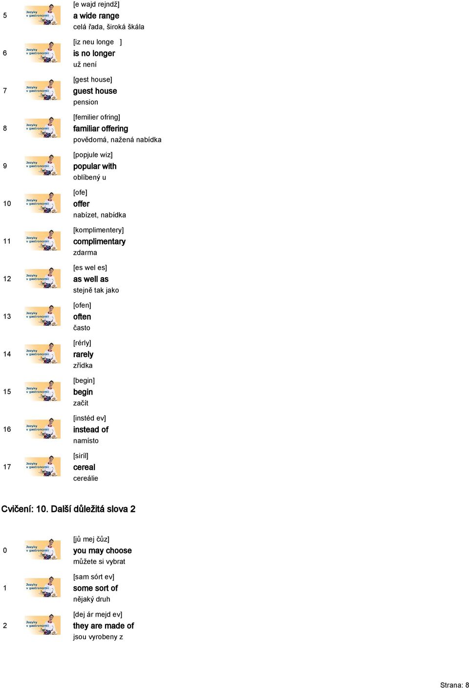 well as stejně tak jako [ofen] often často [rérly] rarely zřídka [begin] begin začít [instéd ev] instead of namísto [siríl] cereal cereálie Cvičení:.