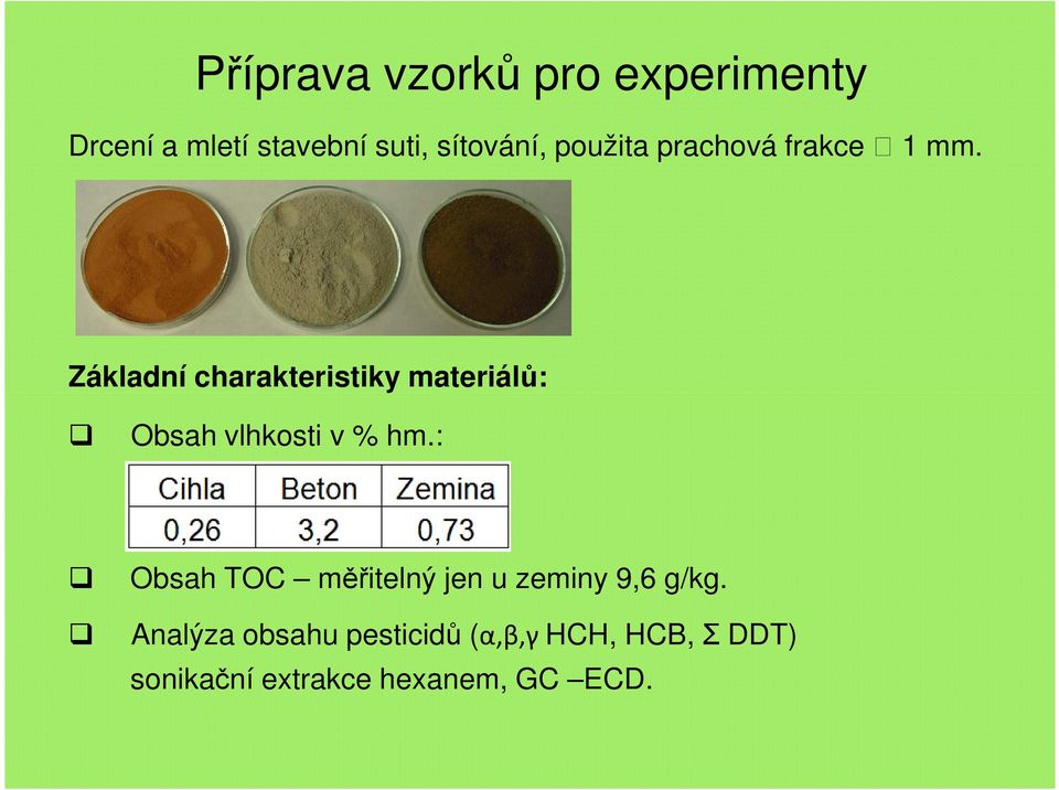 Základní charakteristiky materiálů: Obsah vlhkosti v % hm.