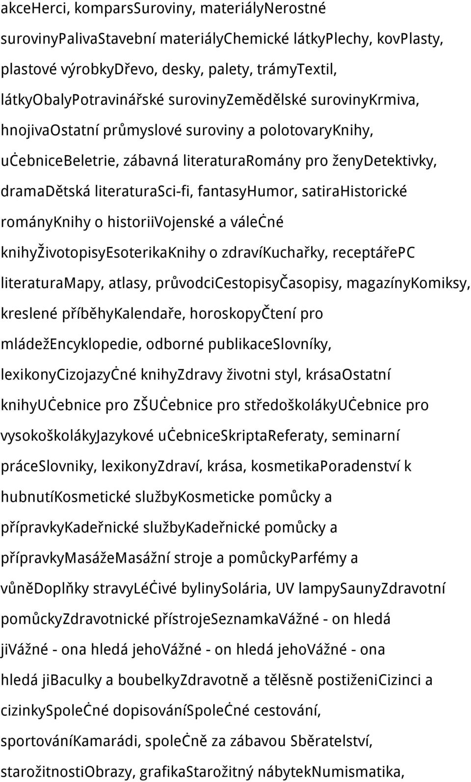 satirahistorické rományknihy o historiivojenské a válečné knihyživotopisyesoterikaknihy o zdravíkuchařky, receptářepc literaturamapy, atlasy, průvodcicestopisyčasopisy, magazínykomiksy, kreslené