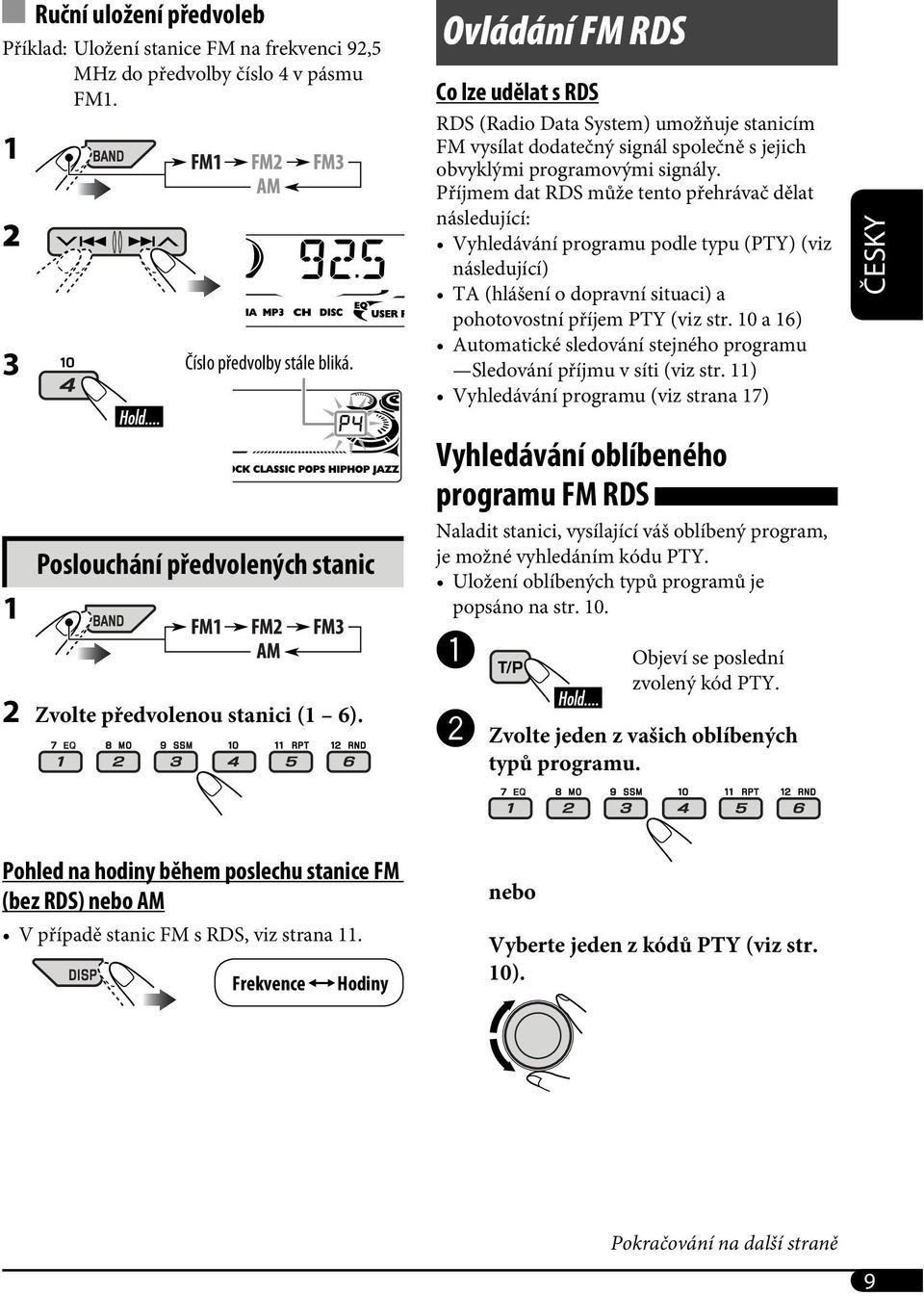 Příjmem dat RDS může tento přehrávač dělat následující: Vyhledávání programu podle typu (PTY) (viz následující) TA (hlášení o dopravní situaci) a pohotovostní příjem PTY (viz str.