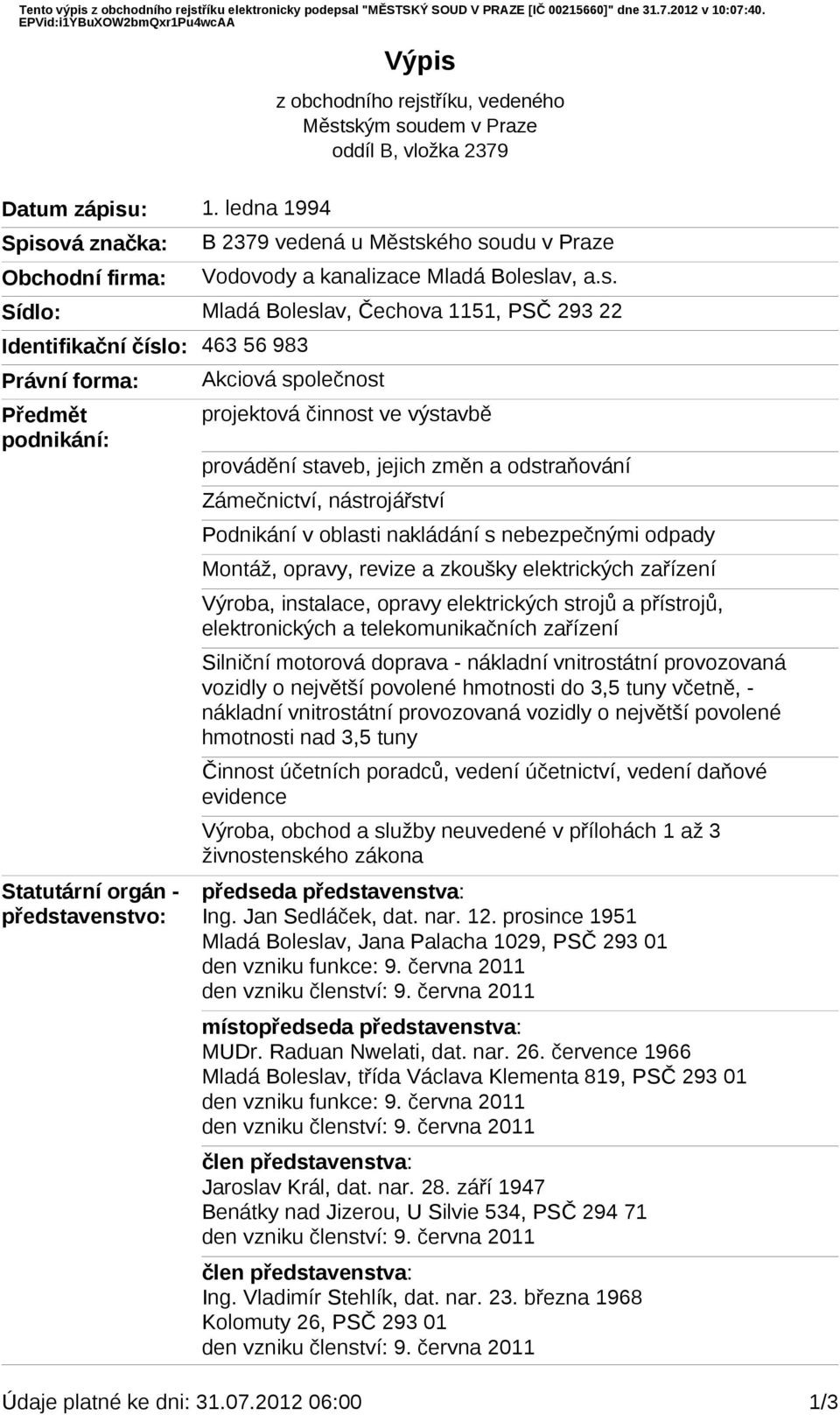 vá značka: B 2379 vedená Obchodní firma: u Měst