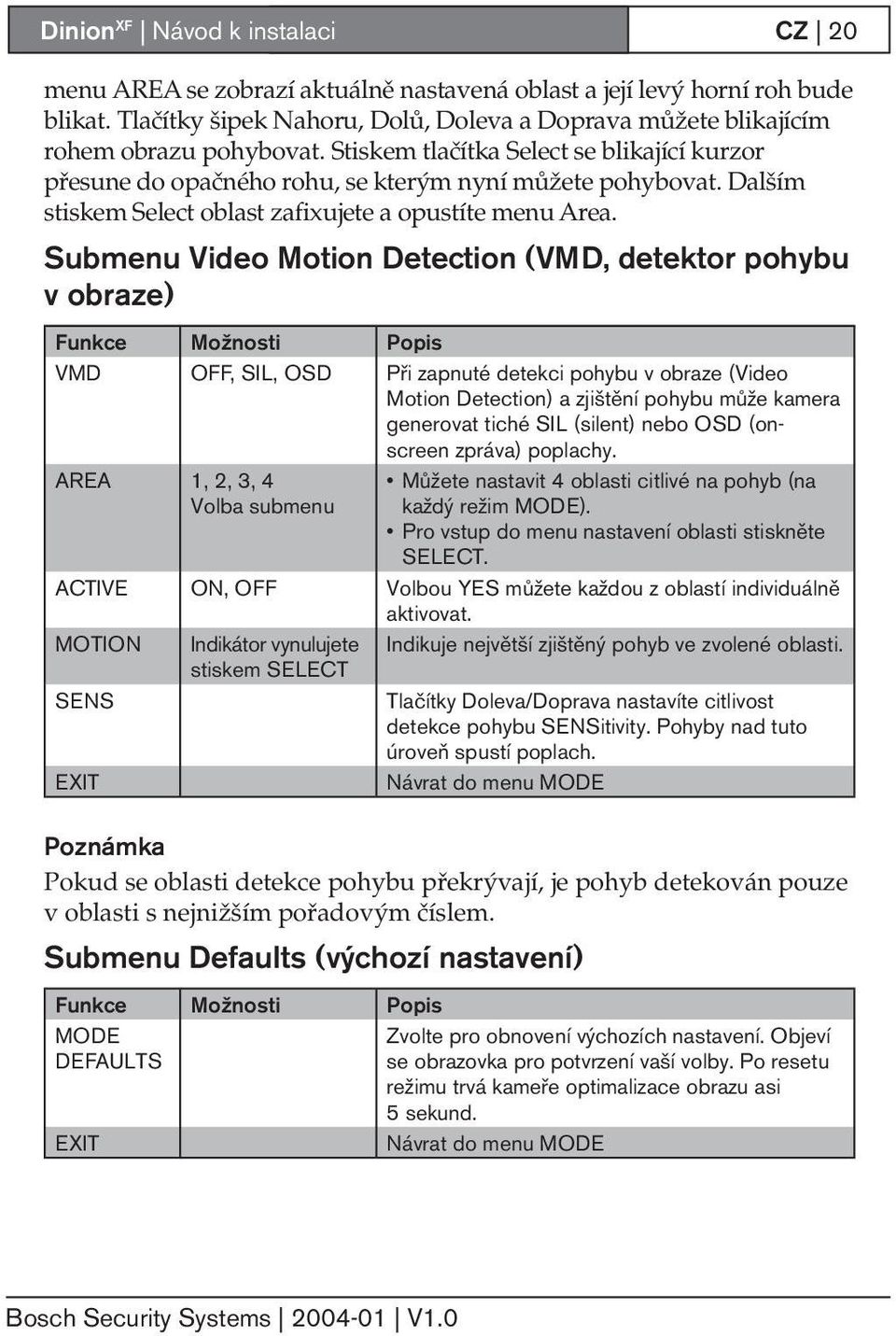 Submenu Video Motion Detection (VMD, detektor pohybu v obraze) VMD OFF, SIL, OSD Při zapnuté detekci pohybu v obraze (Video Motion Detection) a zjištění pohybu může kamera generovat tiché SIL