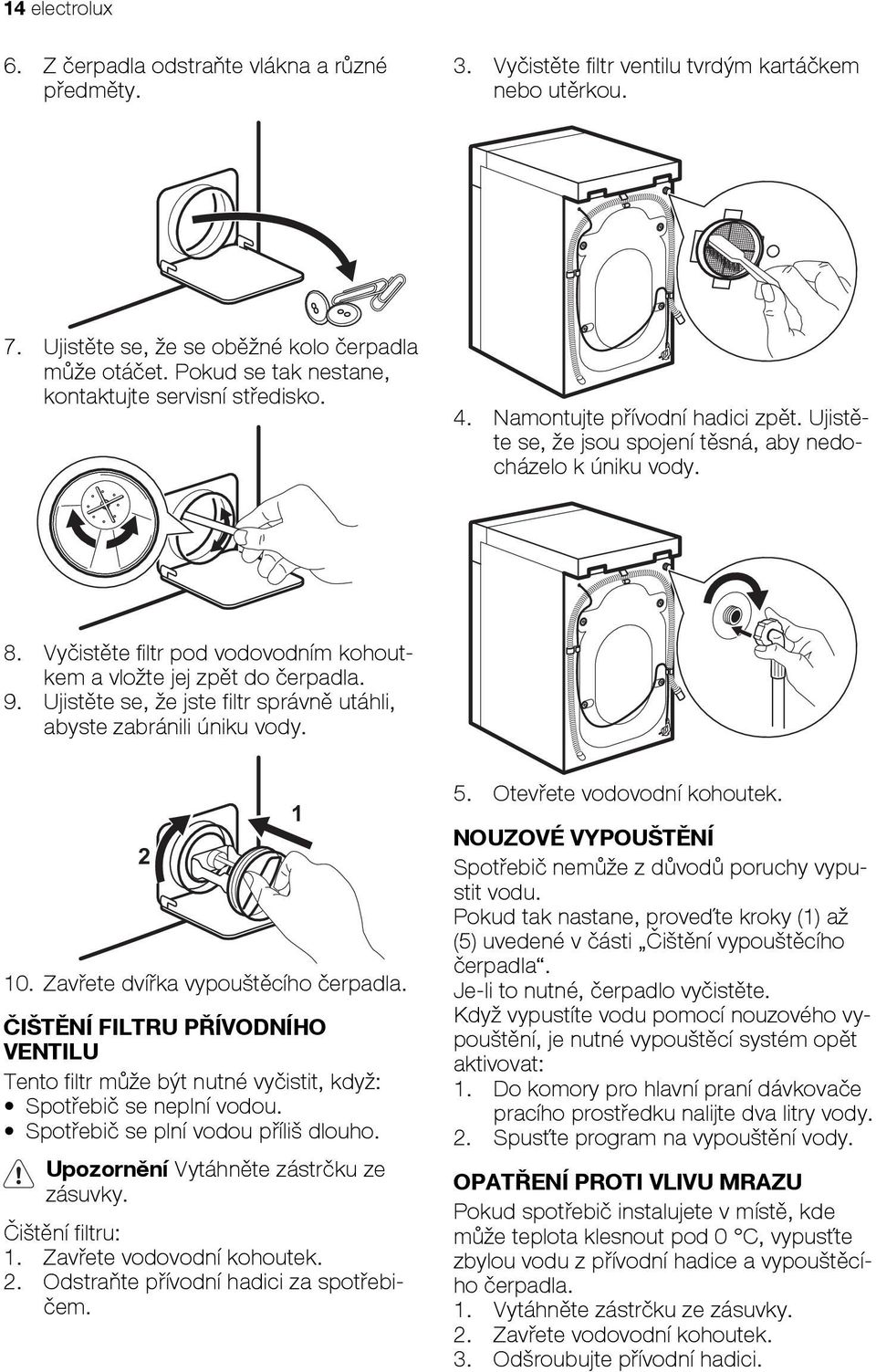 Vyčistěte filtr pod vodovodním kohoutkem a vložte jej zpět do čerpadla. 9. Ujistěte se, že jste filtr správně utáhli, abyste zabránili úniku vody. 2 10. Zavřete dvířka vypouštěcího čerpadla.