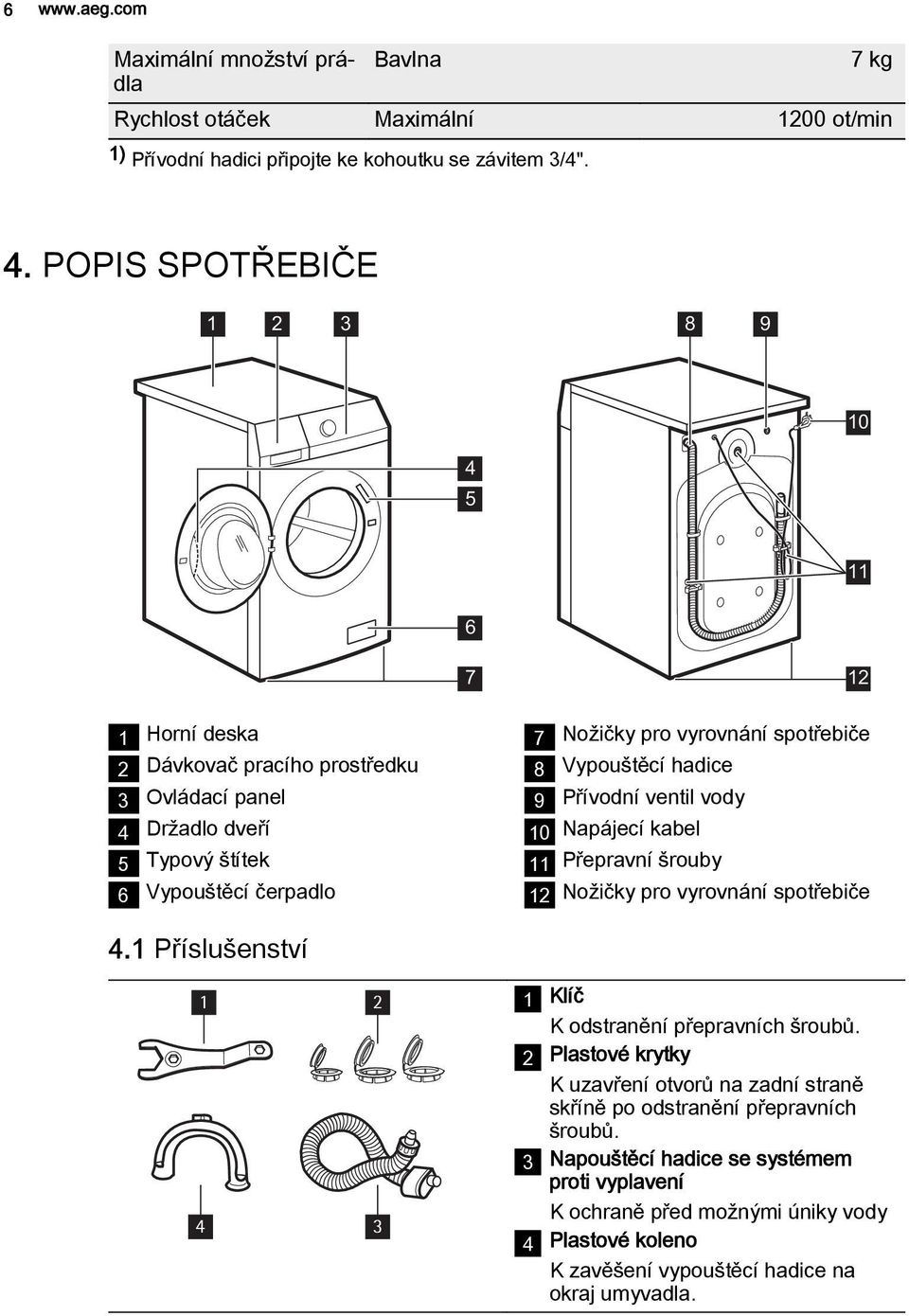 spotřebiče 8 Vypouštěcí hadice 9 Přívodní ventil vody 10 Napájecí kabel 11 Přepravní šrouby 12 Nožičky pro vyrovnání spotřebiče 4.