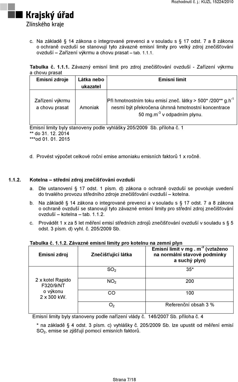 1.1. Tabulka č. 1.1.1. Závazný emisní limit pro zdroj znečišťování ovzduší - Zařízení výkrmu a chovu prasat Emisní zdroje Látka nebo ukazatel Emisní limit Zařízení výkrmu a chovu prasat Amoniak Při