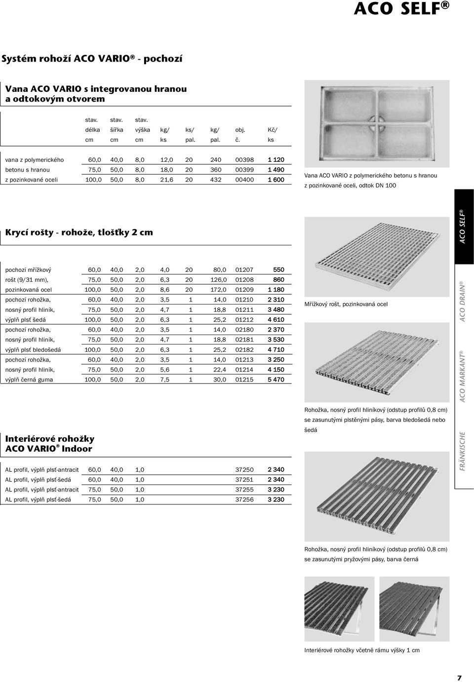 polymerického betonu s hranou z pozinkované oceli, odtok DN 100 Krycí ro ty - rohoïe, tlo Èky 2 cm pochozí mřížkový 60,0 40,0 2,0 4,0 20 80,0 01207 550 rošt (9/31 mm), 75,0 50,0 2,0 6,3 20 126,0