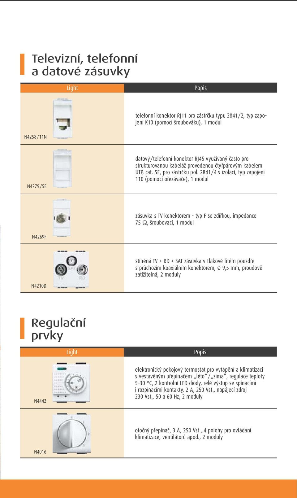 2841/4 s izolací, typ zapojení 110 (pomocí ořezávače), 1 modul zásuvka s TV konektorem - typ F se zdířkou, impedance 75 Ω, šroubovací, 1 modul N4269F stíněná TV + RD + SAT zásuvka v tlakově litém