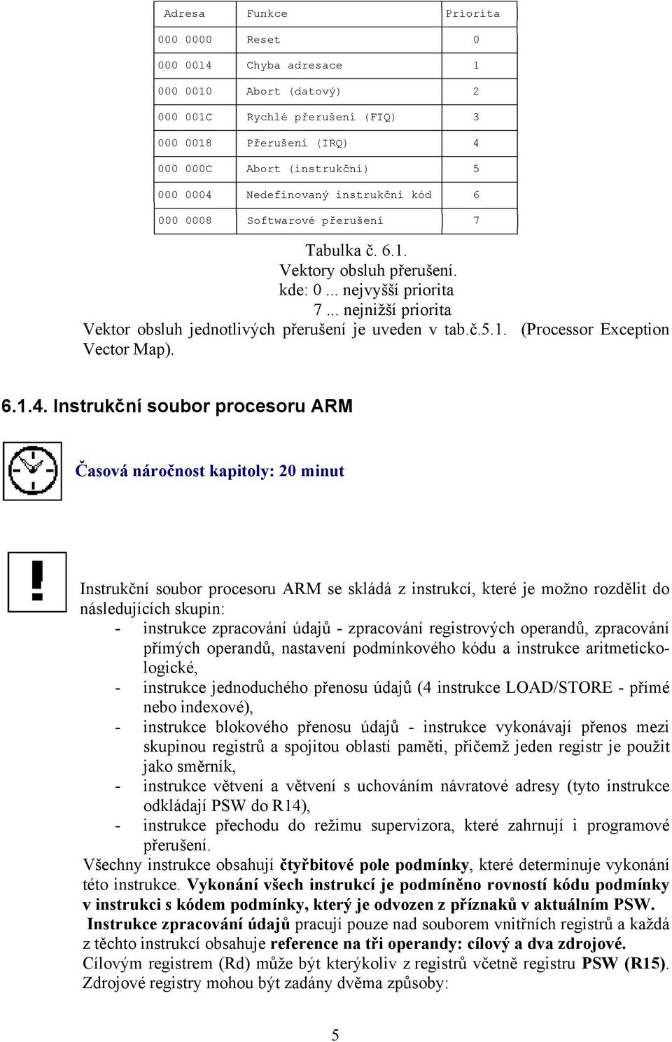 .. nejnižší priorita Vektor obsluh jednotlivých přerušení je uveden v tab.č.5.1. (Processor Exception Vector Map). 6.1.4.