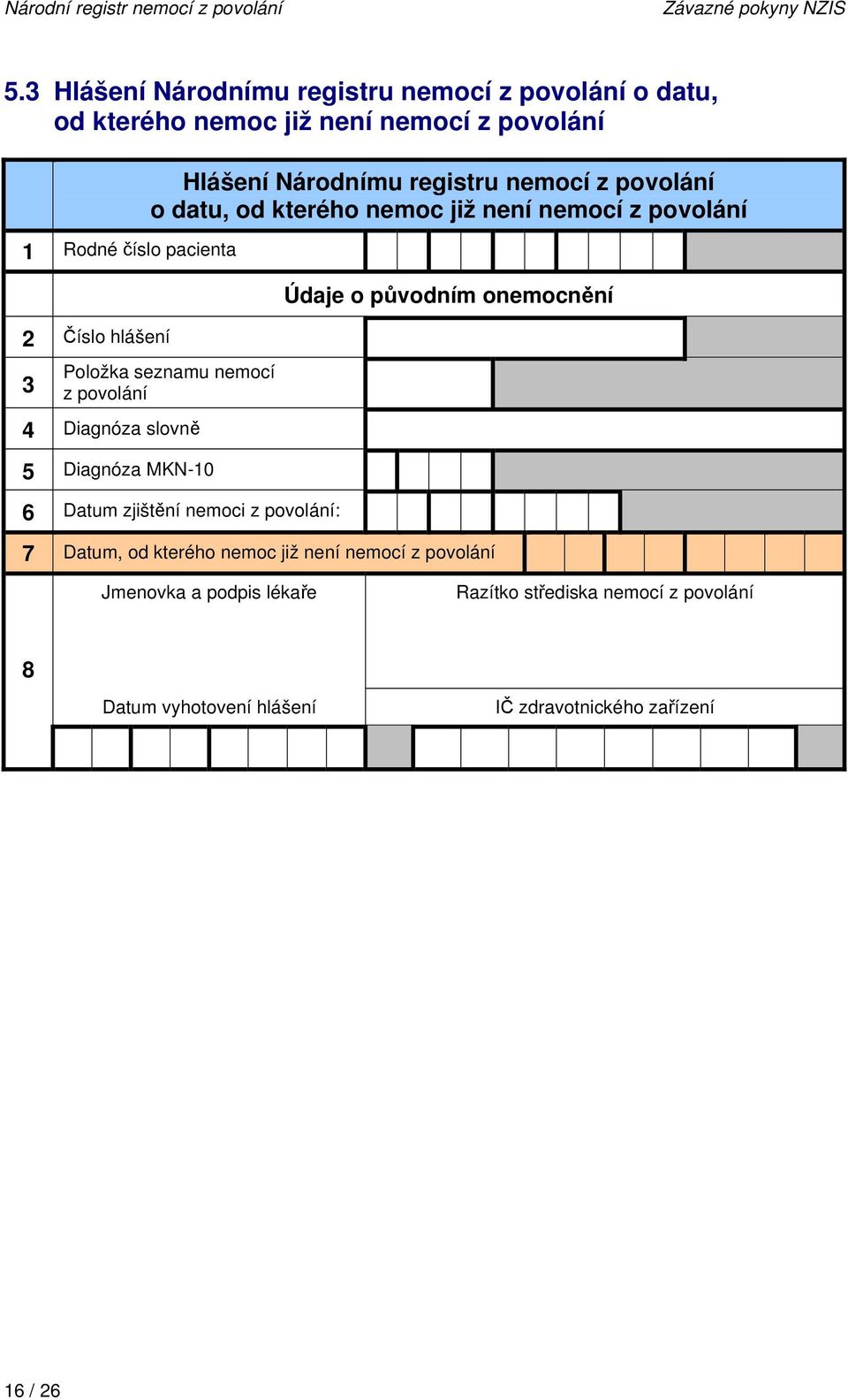 Národnímu registru nemocí z povolání o datu, od kterého nemoc již není nemocí z povolání Položka seznamu nemocí z povolání 4 Diagnóza slovně 5