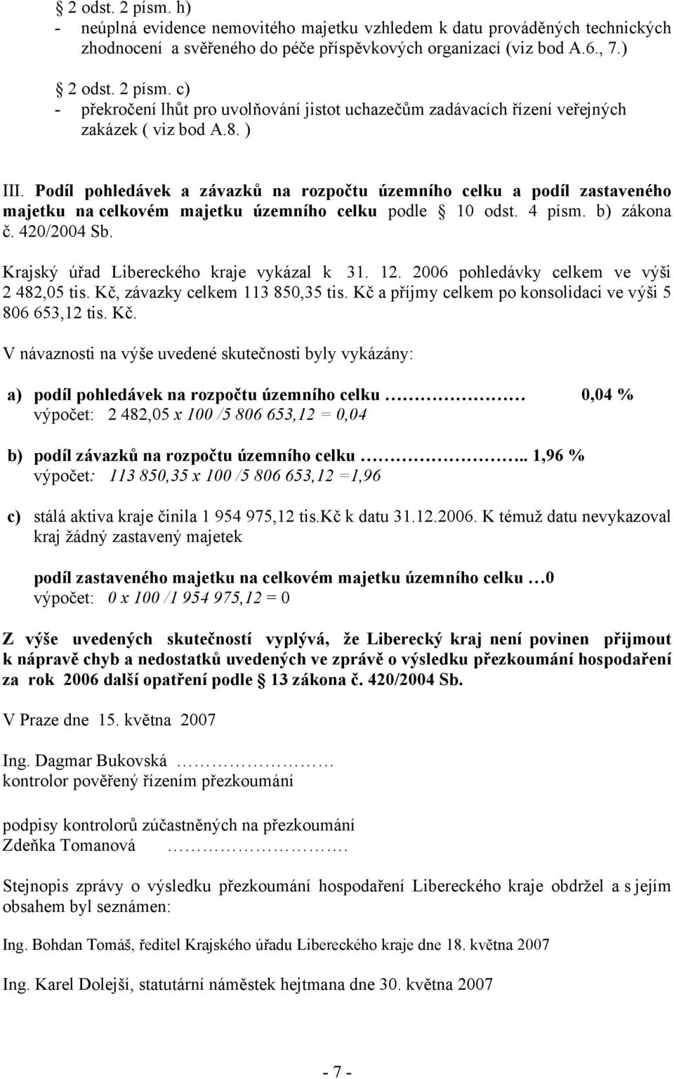 Krajský úřad Libereckého kraje vykázal k 31. 12. 2006 pohledávky celkem ve výši 2 482,05 tis. Kč,