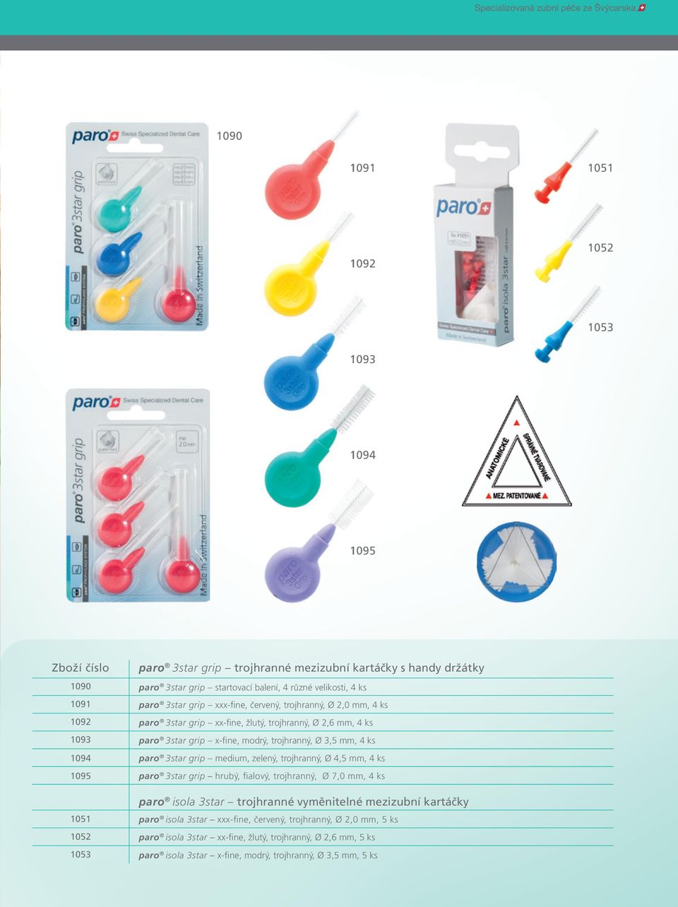 1094 paro 3star grip medium, zelený, trojhranný, Ø 4,5 mm, 4 ks 1095 paro 3star grip hrubý, fialový, trojhranný, Ø 7,0 mm, 4 ks paro isola 3star trojhranné vyměnitelné mezizubní kartáčky