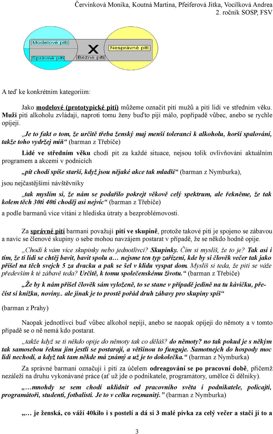 Je to fakt o tom, že určitě třeba ženský maj menší toleranci k alkoholu, horší spalování, takže toho vydržej míň (barman z Třebíče) Lidé ve středním věku chodí pít za každé situace, nejsou tolik