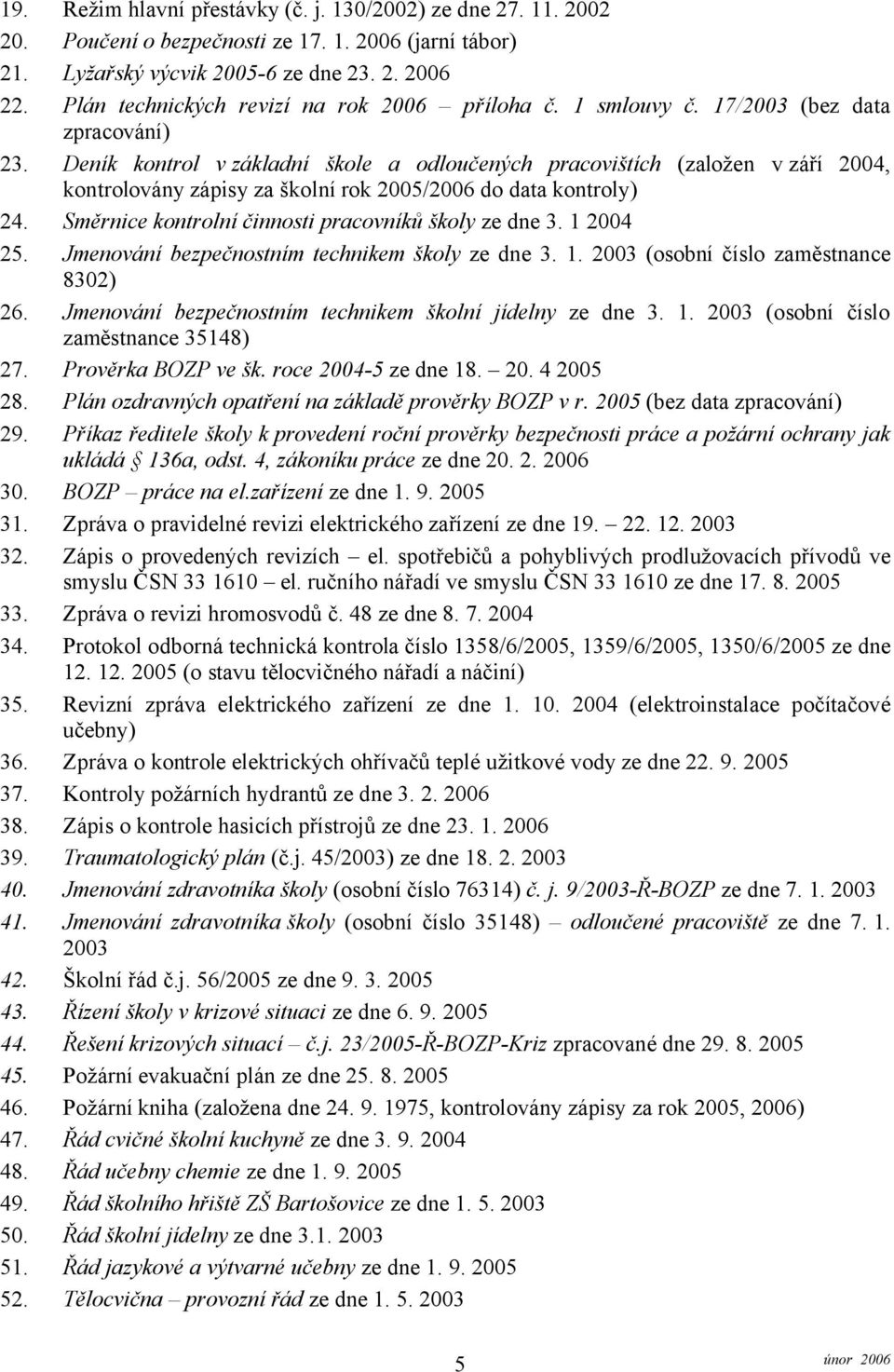 Deník kontrol v základní škole a odloučených pracovištích (založen v září 2004, kontrolovány zápisy za školní rok 2005/2006 do data kontroly) 24. Směrnice kontrolní činnosti pracovníků školy ze dne 3.