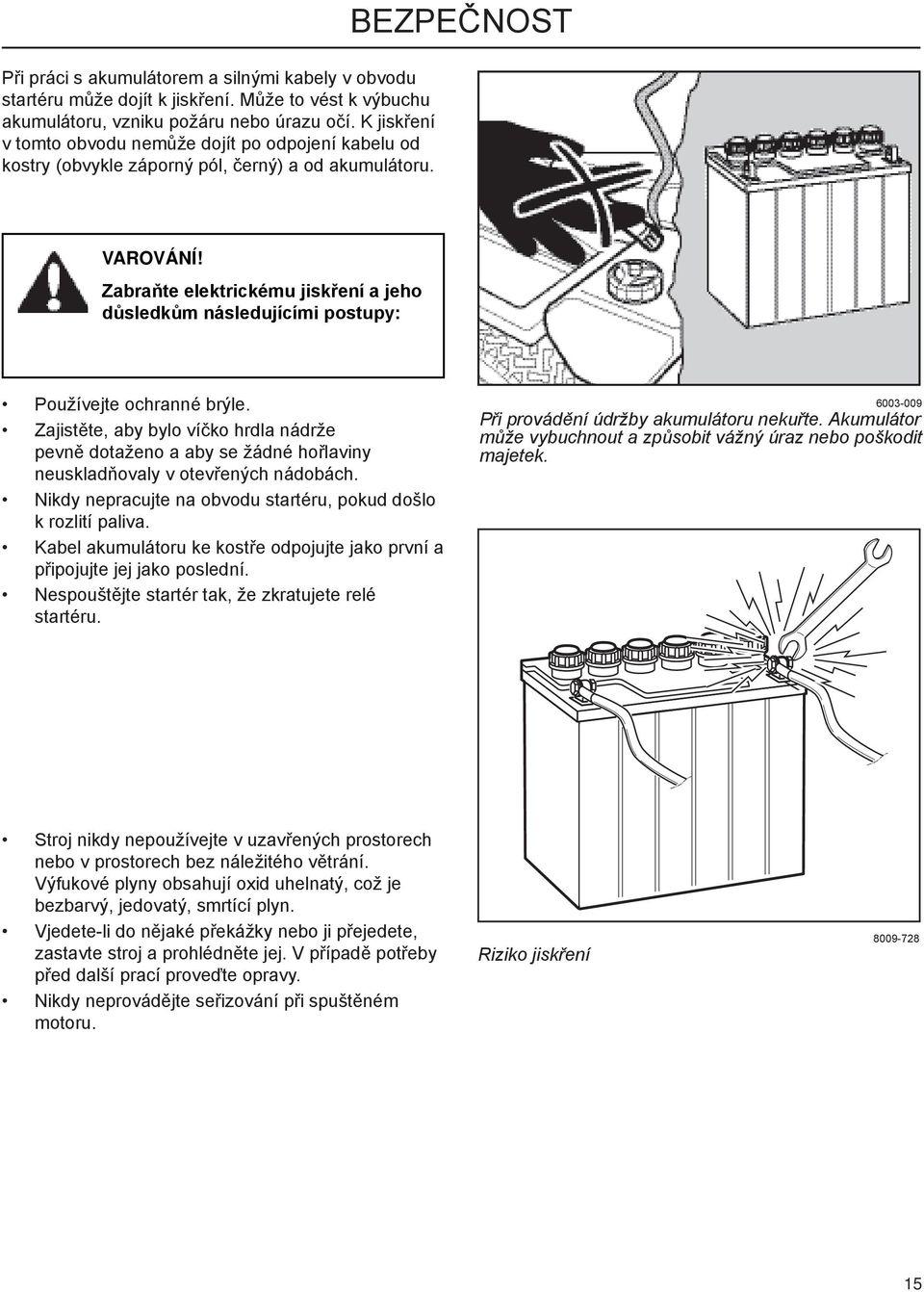 BEZPEČNOST Zabraňte elektrickému jiskření a jeho důsledkům následujícími postupy: Používejte ochranné brýle.