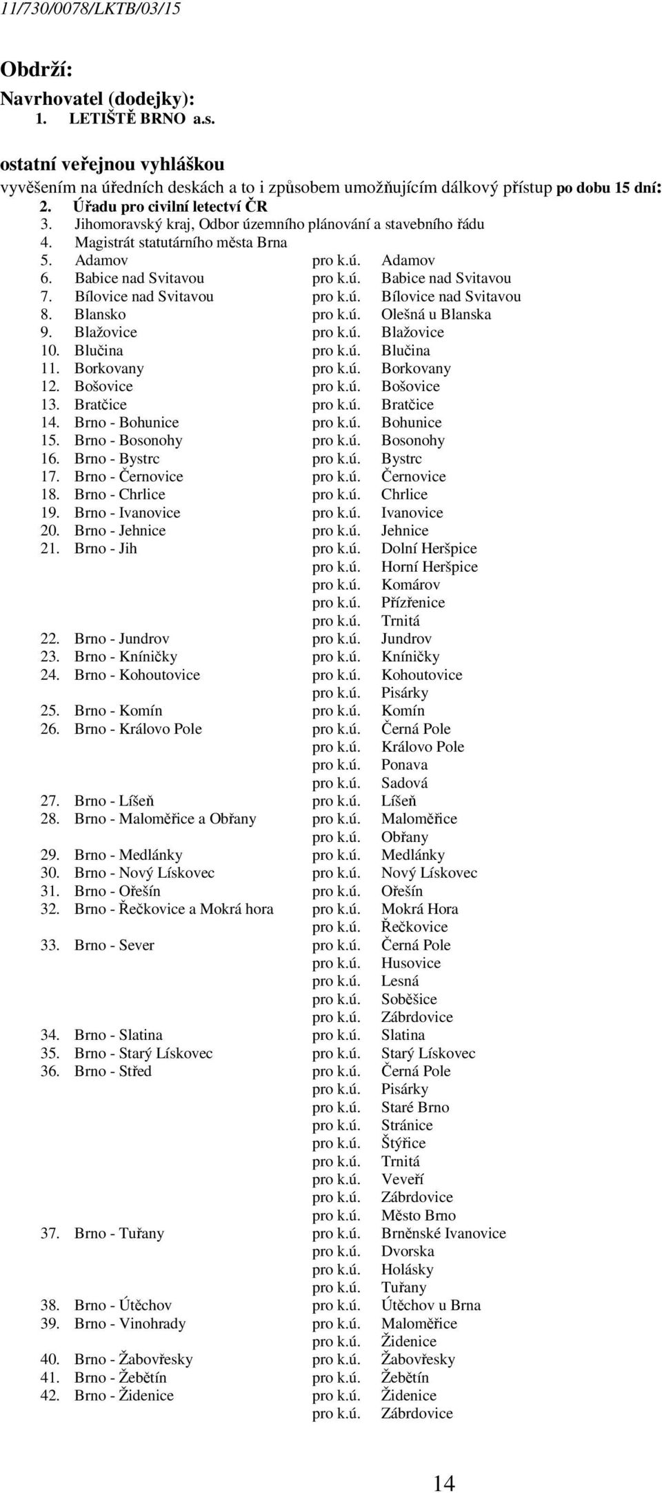 Bílovice nad Svitavou pro k.ú. Bílovice nad Svitavou 8. Blansko pro k.ú. Olešná u Blanska 9. Blažovice pro k.ú. Blažovice 10. Blučina pro k.ú. Blučina 11. Borkovany pro k.ú. Borkovany 12.