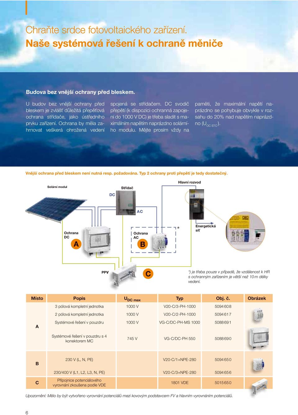 DC svodič přepětí (k dispozici ochranná zapojení do 1000 V DC) je třeba sladit s maximálním napětím naprázdno solárního modulu.
