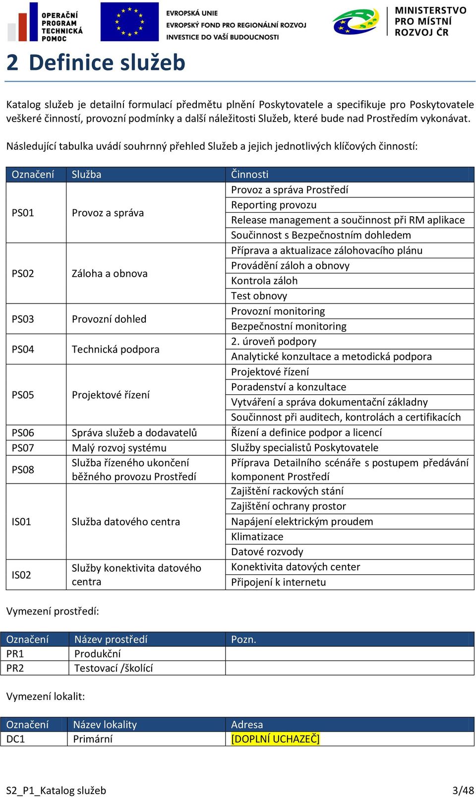 Následující tabulka uvádí souhrnný přehled Služeb a jejich jednotlivých klíčových činností: Označení Služba Činnosti PS01 Provoz a správa Provoz a správa Prostředí Reporting provozu Release
