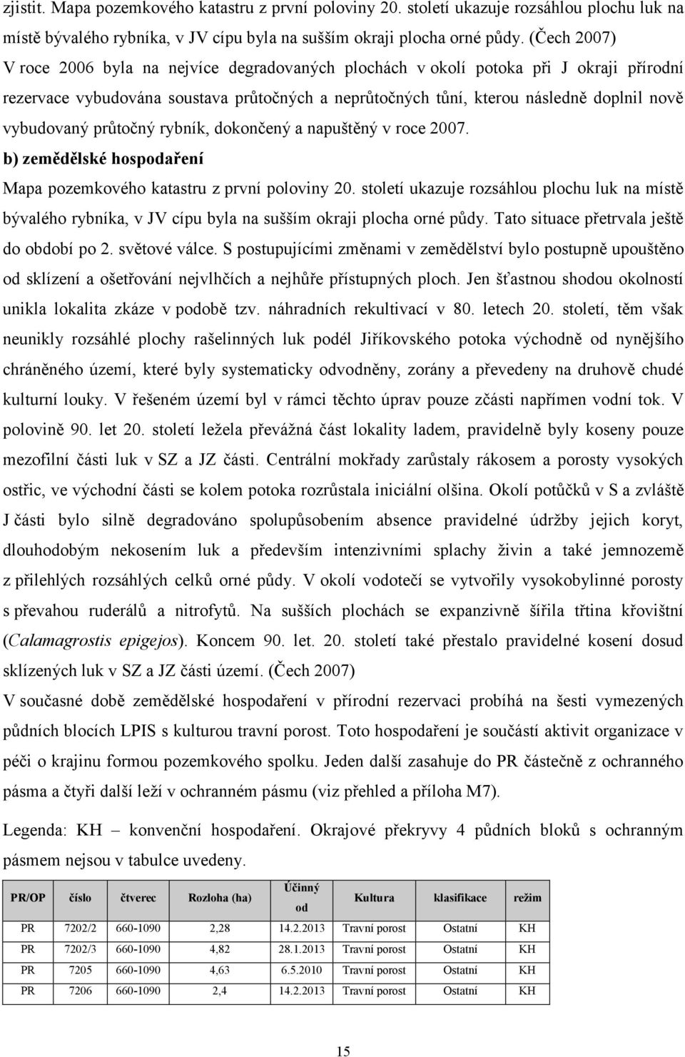 vybudovaný průtočný rybník, dokončený a napuštěný v roce 2007. b) zemědělské hospodaření Mapa pozemkového katastru z první poloviny 20.