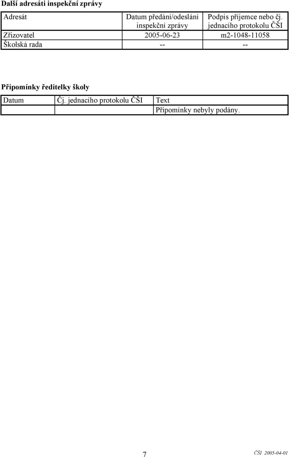 jednacího protokolu ČŠI Zřizovatel 2005-06-23 m2-1048-11058 Školská