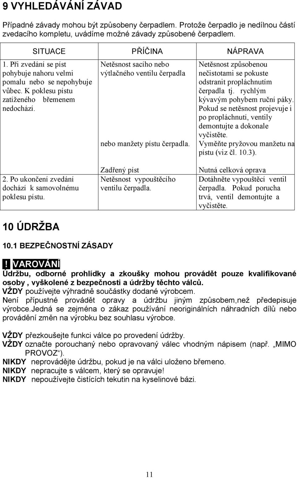 Netěsnost způsobenou nečistotami se pokuste odstranit propláchnutím čerpadla tj. rychlým kývavým pohybem ruční páky.