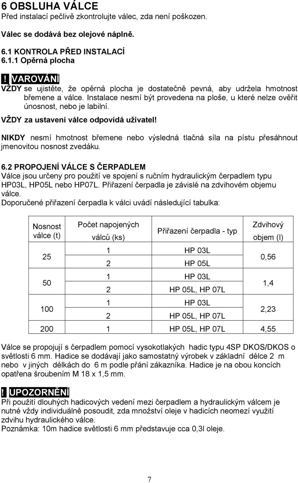 VŽDY za ustavení válce odpovídá uživatel! NIKDY nesmí hmotnost břemene nebo výsledná tlačná síla na pístu přesáhnout jmenovitou nosnost zvedáku. 6.