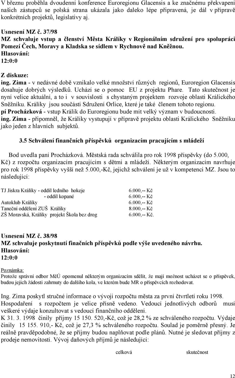 Zima - v nedávné době vznikalo velké množství různých regionů, Euroregion Glacensis dosahuje dobrých výsledků. Uchází se o pomoc EU z projektu Phare.